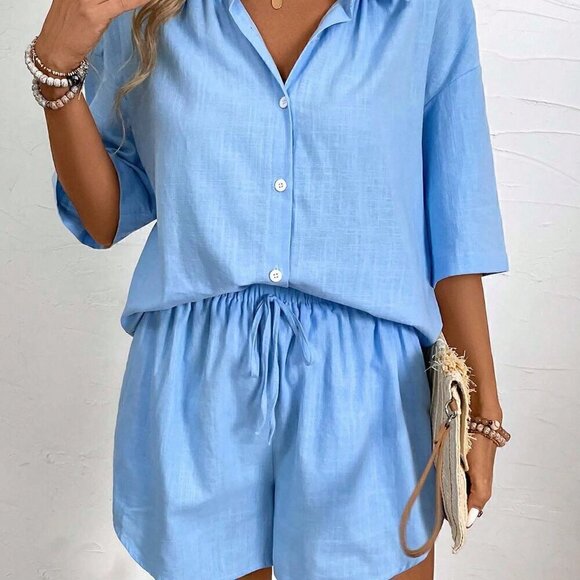 Blue Casual Women's Leisure Solid Color Drop-Shoulder Shirt And And Shorts Set - Picture 4 of 7